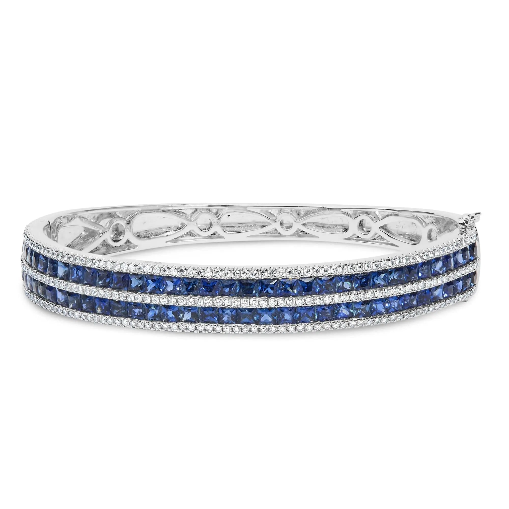 18K White Gold Alternating Diamond and 8.00 Cttw Princess Cut Blue Sapphire Multi Row Bangle Bracelet (G-H Color, VS1-VS2 Clarity) - 7" Inches Infinite Jewels