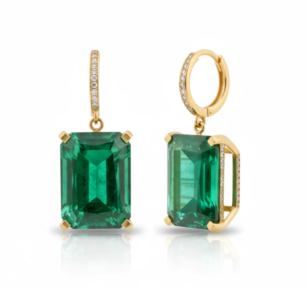 Vérité Emerald Pendant 14ct yellow gold hoop with 9.30x7.50mm Colombian AAA emeralds 3 ct each translucent clarity