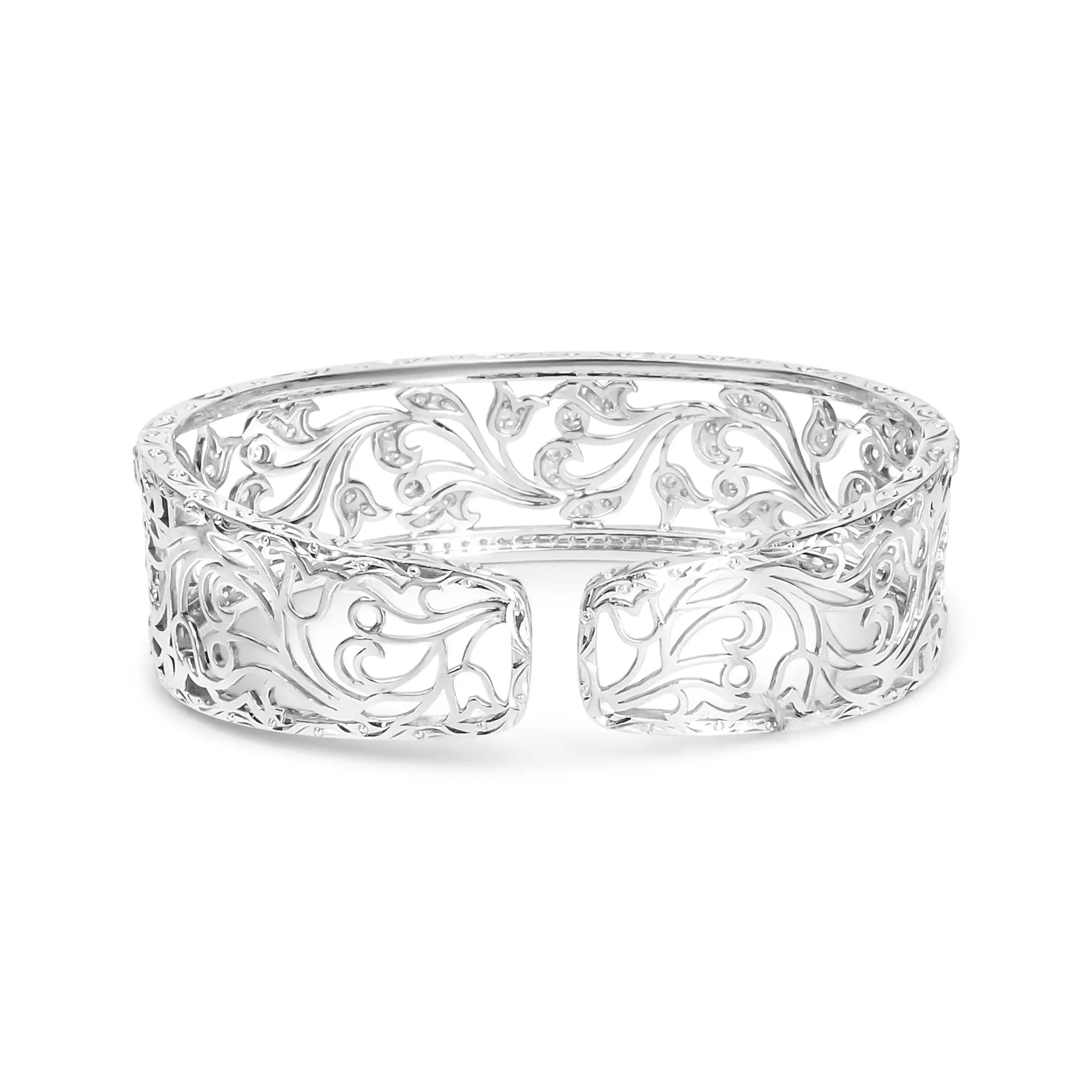 18K White Gold 3 1/4 Cttw Pave Diamond Openwork Floral Filigree Swirl Bangle Cuff Bracelet (H-I Color, VS2-SI1 Clarity) Infinite Jewels