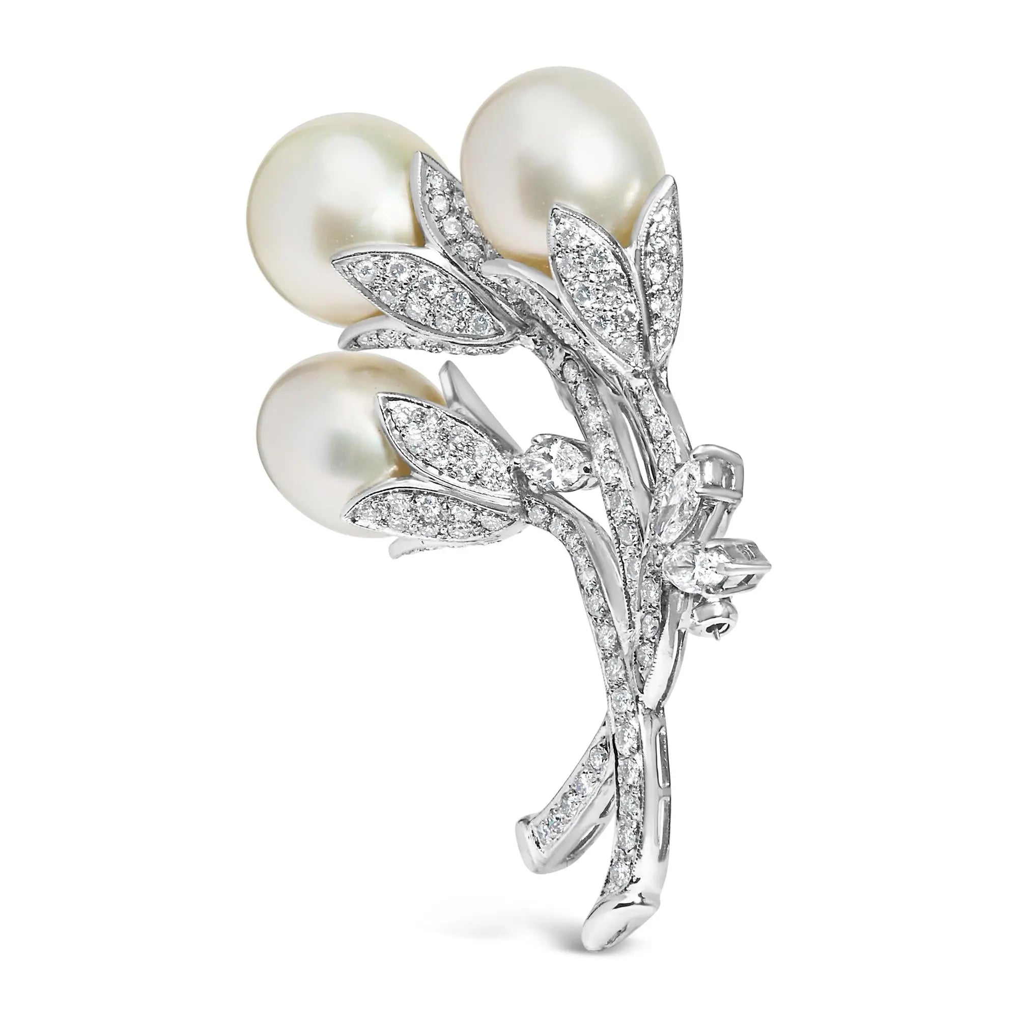 18K White Gold 2 1/5 Cttw Diamond and South Sea Pearl Floral Brooch Pin (G-H Color, VS1-VS2 Clarity) Infinite Jewels