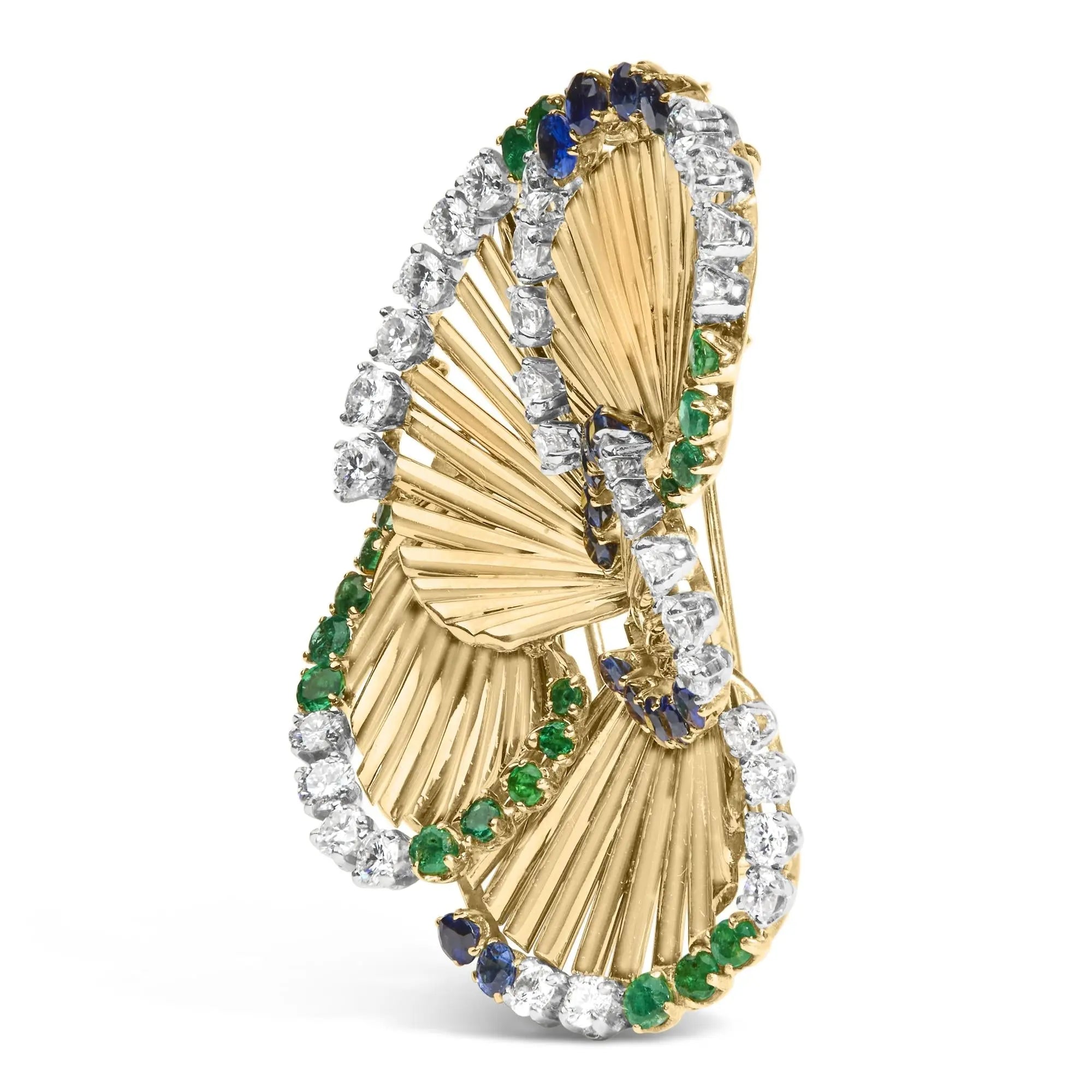 18K Yellow Gold 2 1/3 Cttw Diamond, Sapphire, and Emerald Sculpted Petal Brooch Pin (G-H Color, VS1-VS2 Clarity) Infinite Jewels