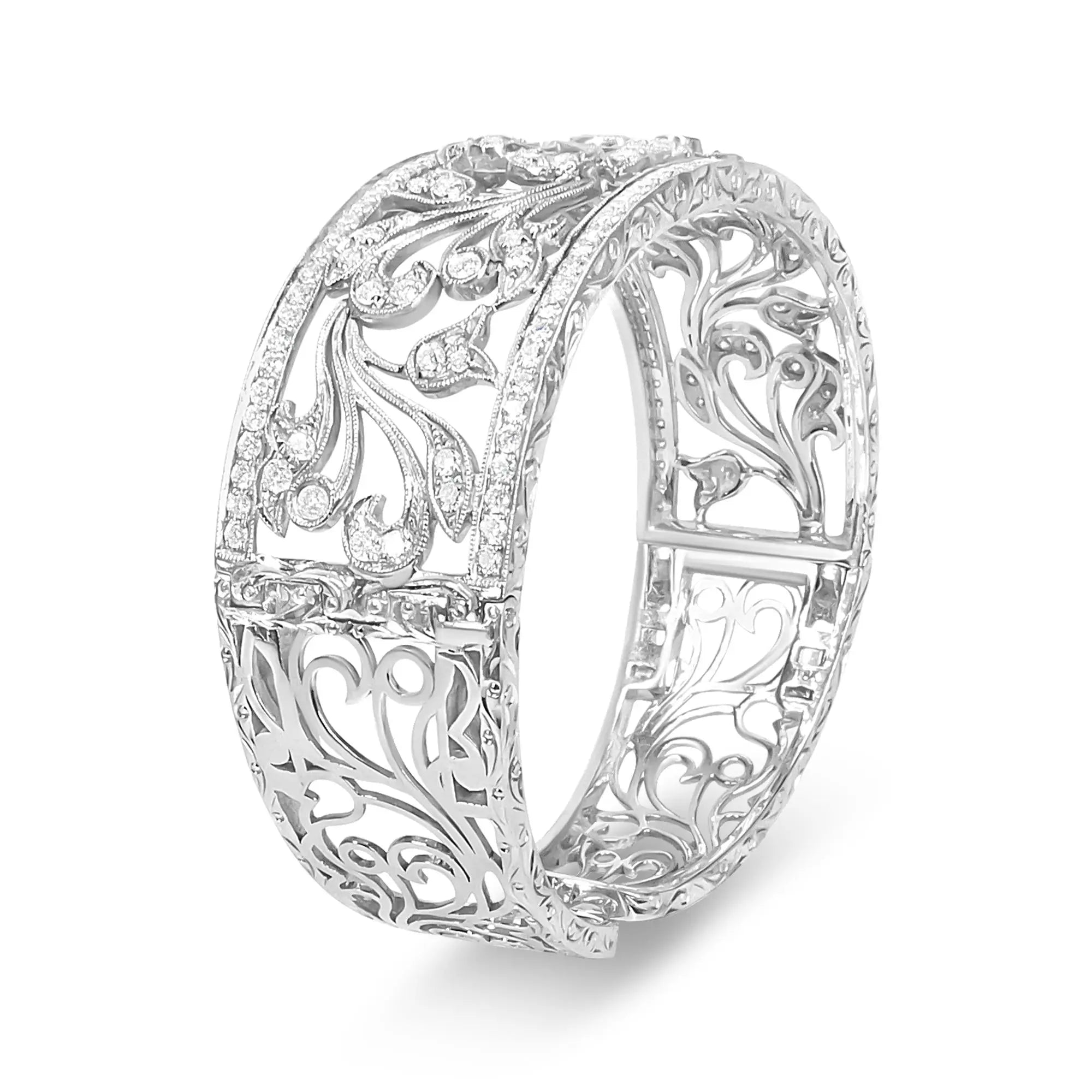 18K White Gold 3 1/4 Cttw Pave Diamond Openwork Floral Filigree Swirl Bangle Cuff Bracelet (H-I Color, VS2-SI1 Clarity) Infinite Jewels