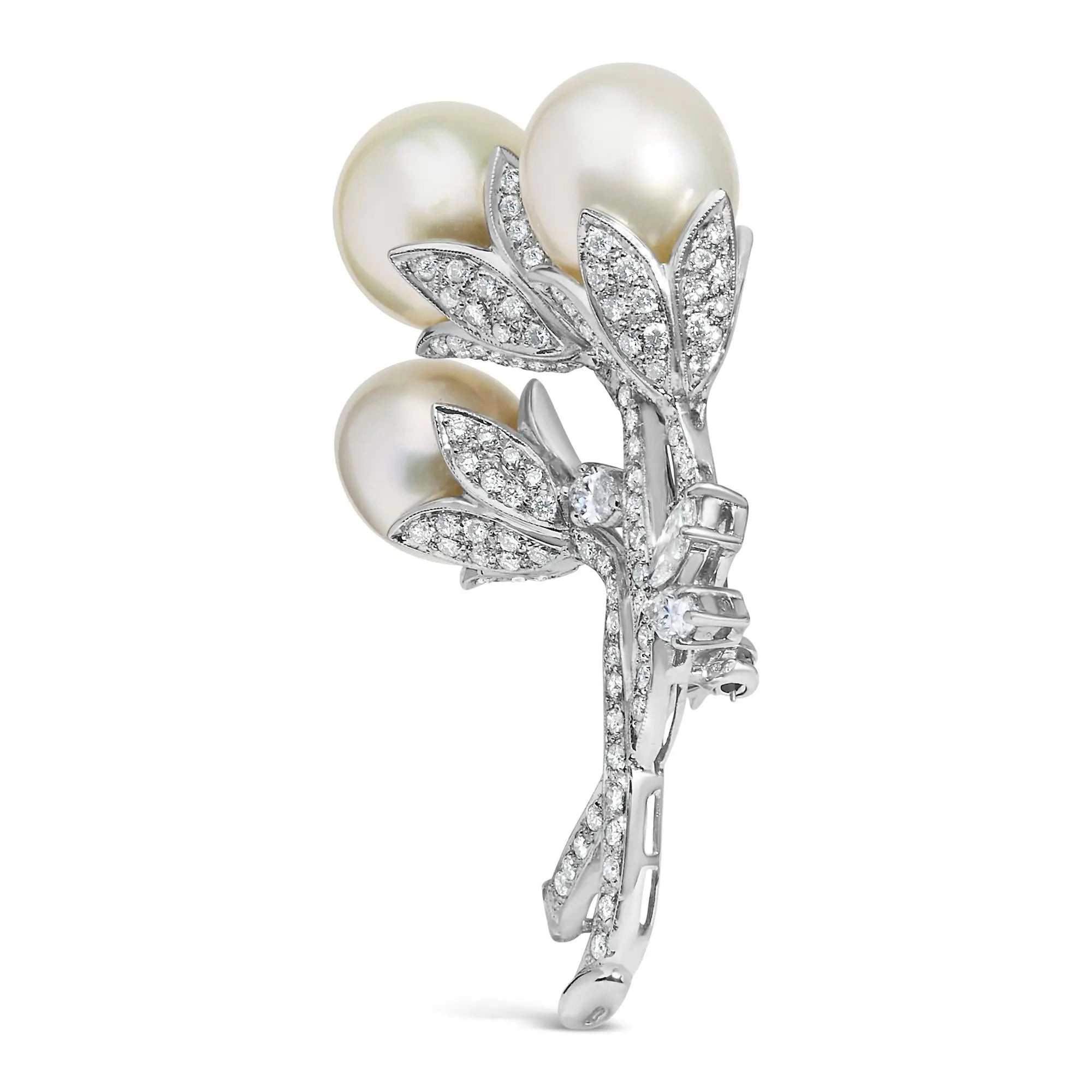 18K White Gold 2 1/5 Cttw Diamond and South Sea Pearl Floral Brooch Pin (G-H Color, VS1-VS2 Clarity) Infinite Jewels