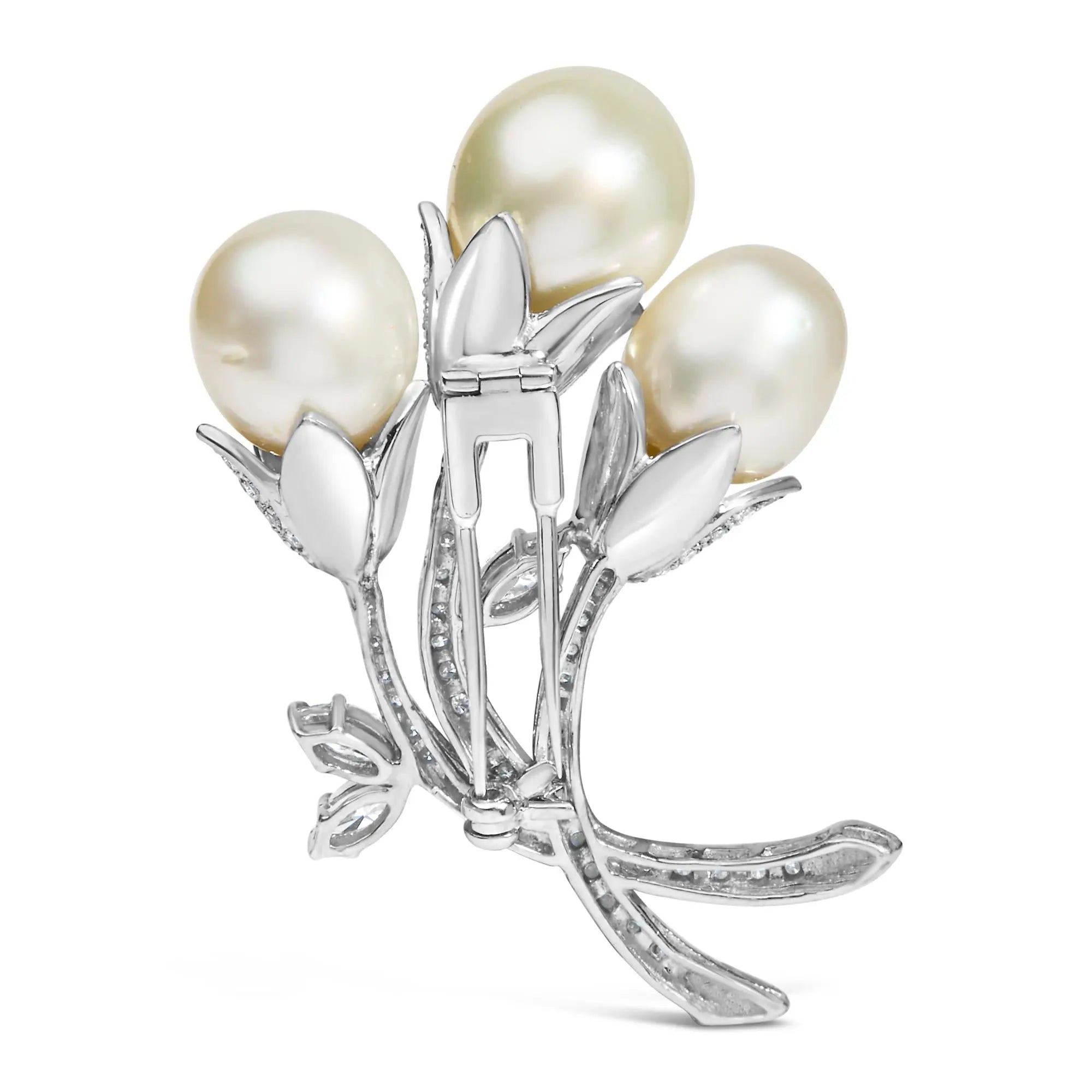 18K White Gold 2 1/5 Cttw Diamond and South Sea Pearl Floral Brooch Pin (G-H Color, VS1-VS2 Clarity) Infinite Jewels