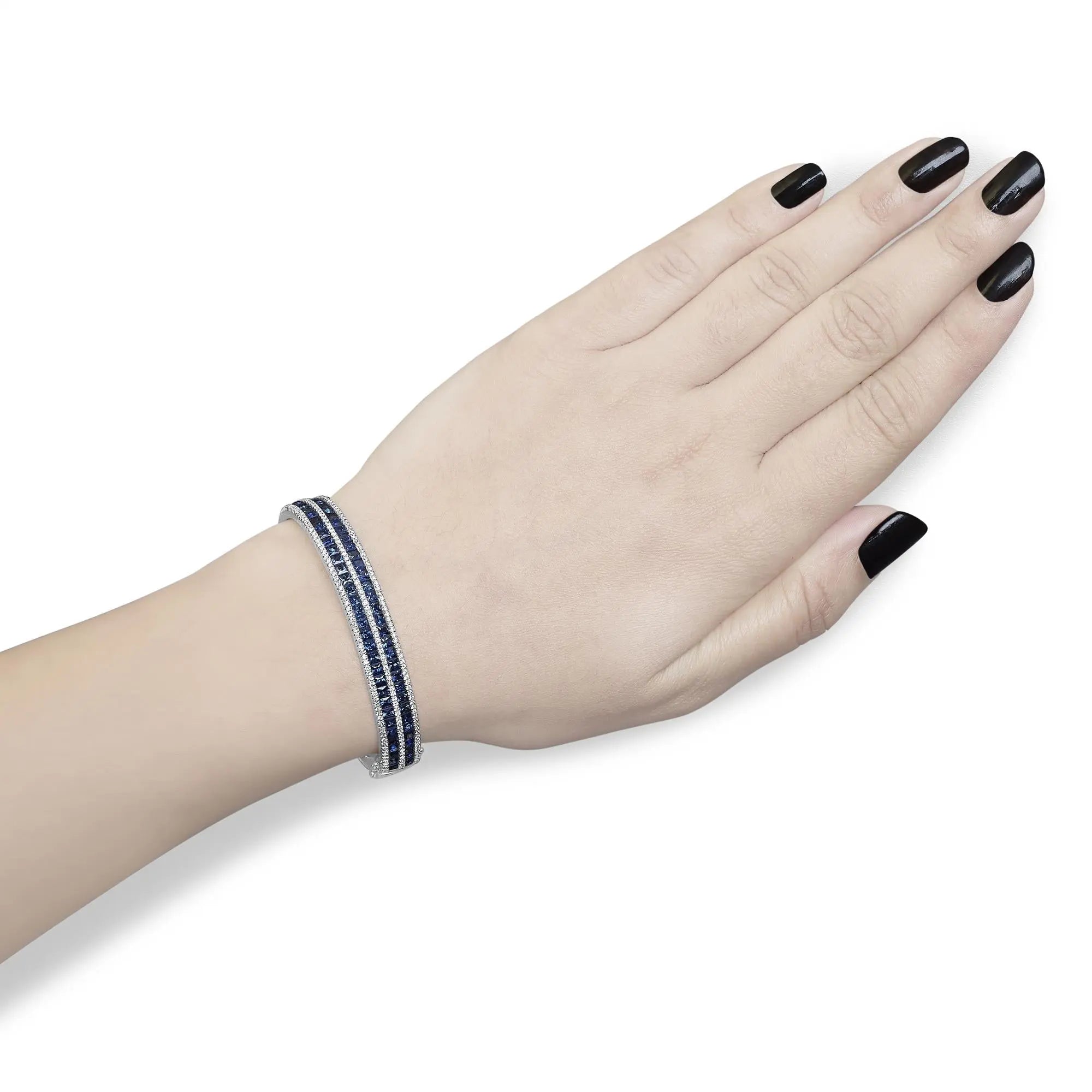 18K White Gold Alternating Diamond and 8.00 Cttw Princess Cut Blue Sapphire Multi Row Bangle Bracelet (G-H Color, VS1-VS2 Clarity) - 7" Inches Infinite Jewels