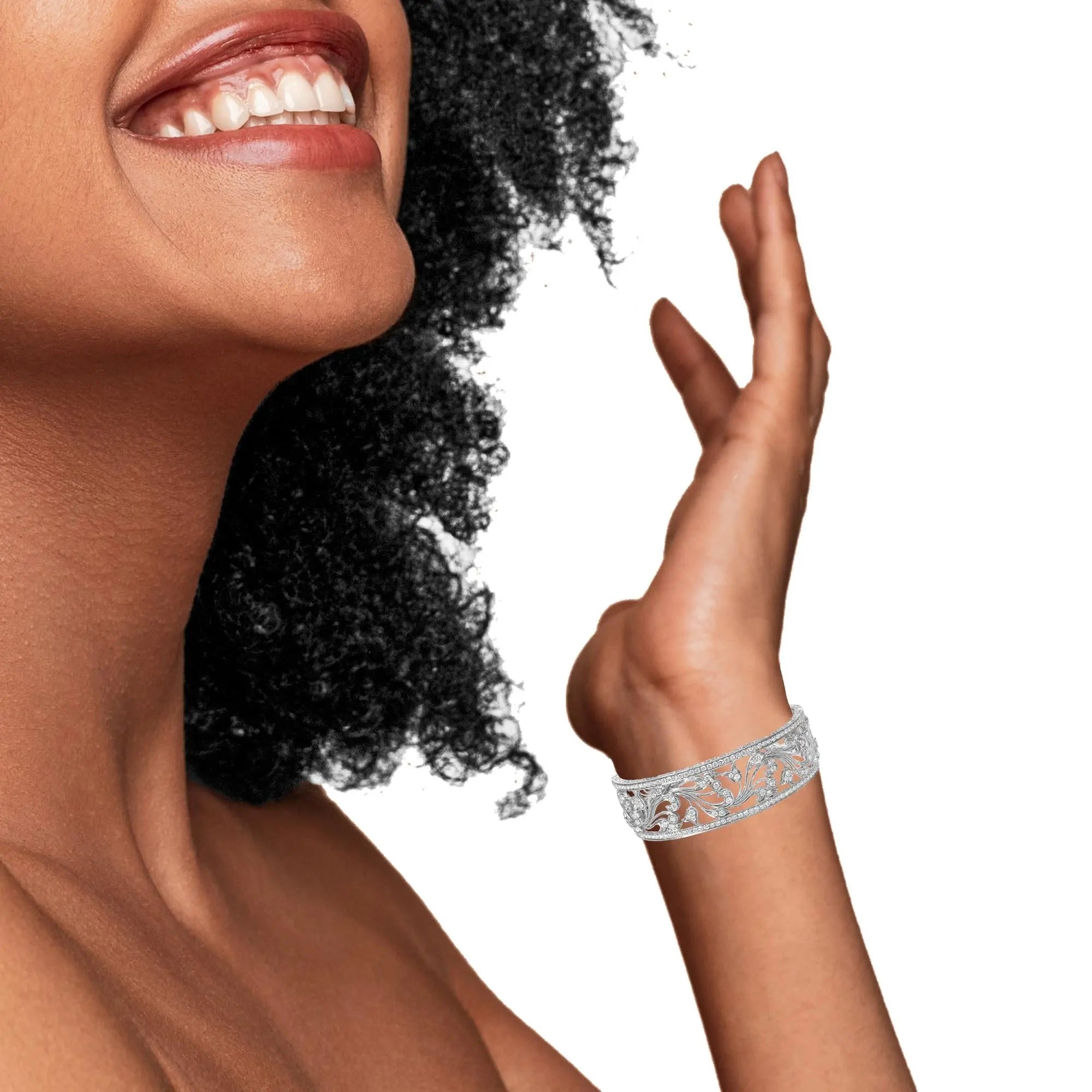 18K White Gold 3 1/4 Cttw Pave Diamond Openwork Floral Filigree Swirl Bangle Cuff Bracelet (H-I Color, VS2-SI1 Clarity) Infinite Jewels