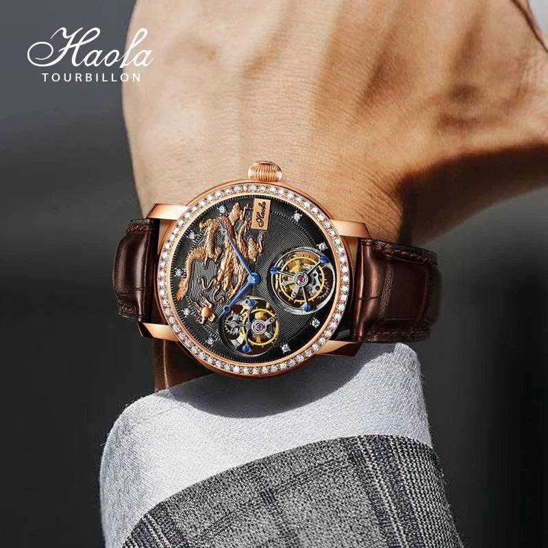 HAOFA Luxury 18K Gold Double Tourbillon Movement Skeleton Mens Watch Manual Mechanical Diamond Rose Watch For Men Sapphire K002 - The Sparkling Squirrels & Co.