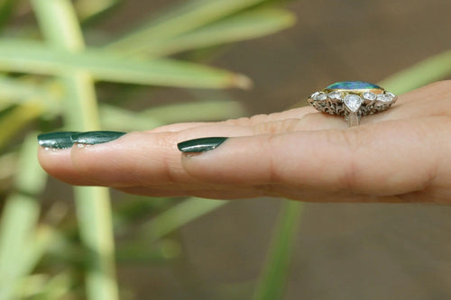 SGARIT Jewelry 18k Gold 4.5ct Black Opal Diamond Cocktail Ring Lightning Ridge Vintage Estate Halo Design Milgrain Jewellery Maison Valderre