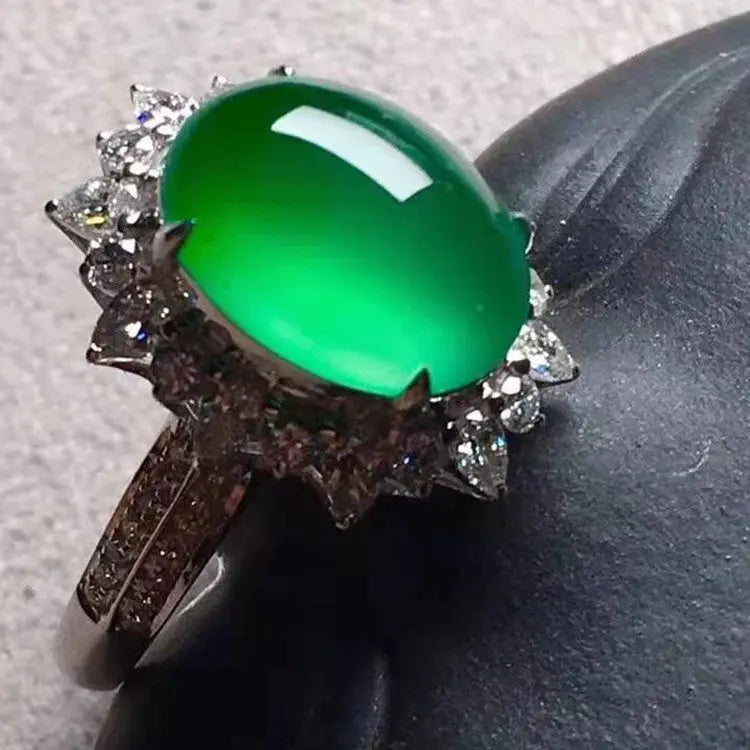 Chinese Luxury Big Jade Gemstone Jewelry With Diamond Wholesale 18k Gold 11.8x8.5x6mm Natural Green Jadeite Ring Maison Valderre