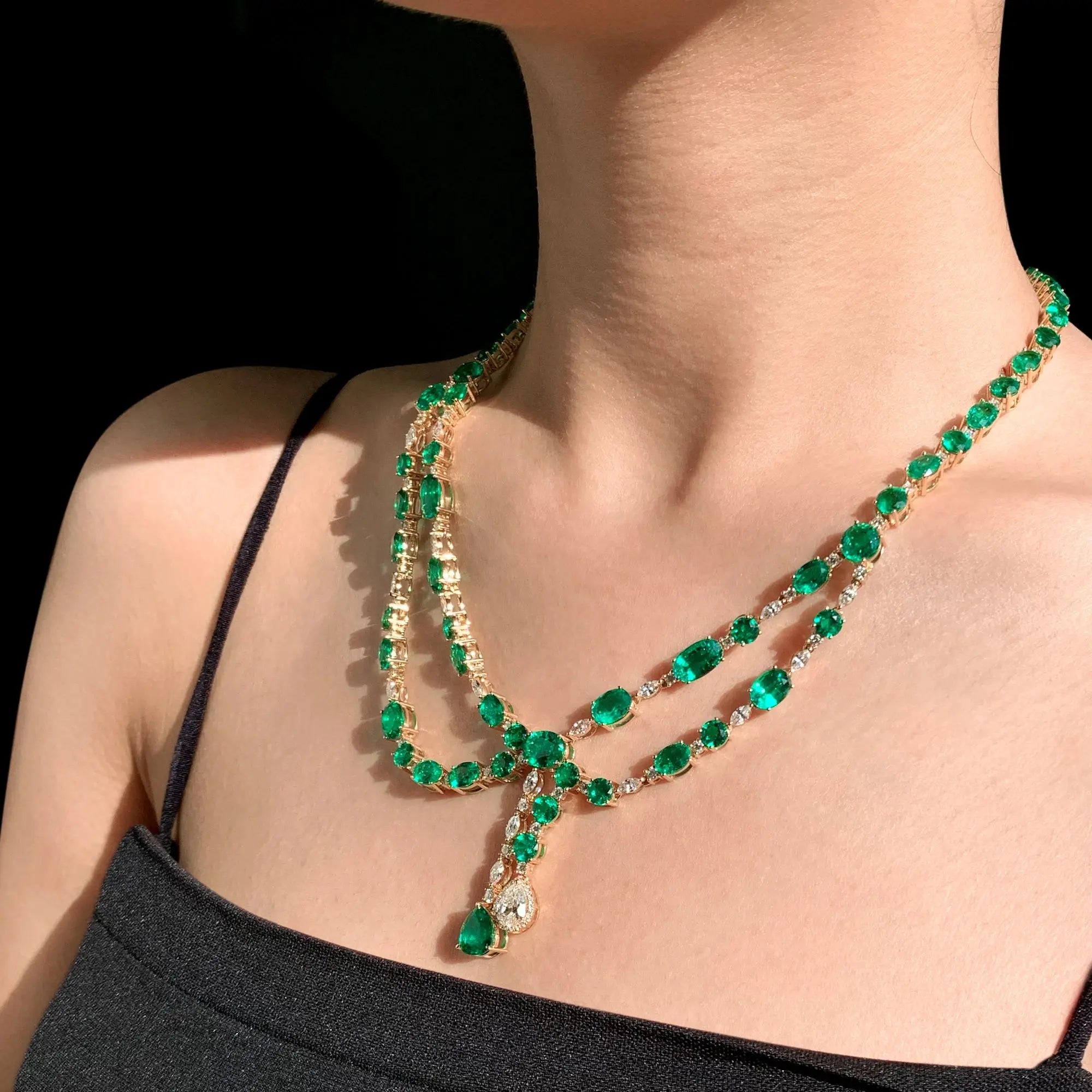 Fine Jewelry Luxury Women Lab Grown Green Emerald Diamond Necklace 18k Gold Double Layer Necklace Maison Valderre