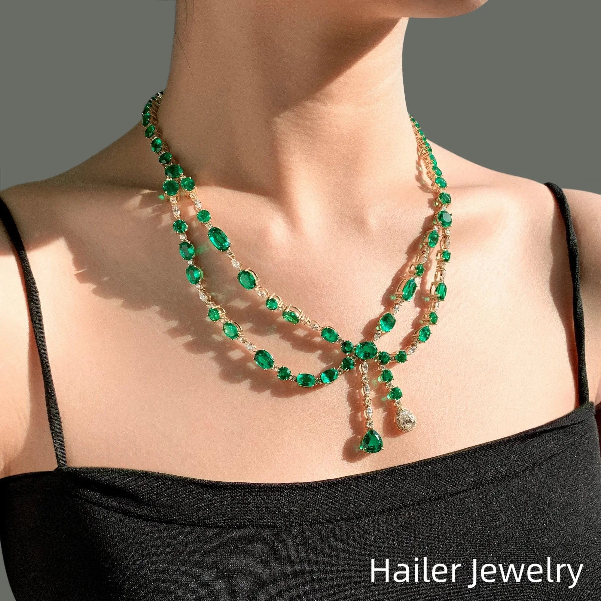 Fine Jewelry Luxury Women Lab Grown Green Emerald Diamond Necklace 18k Gold Double Layer Necklace Maison Valderre