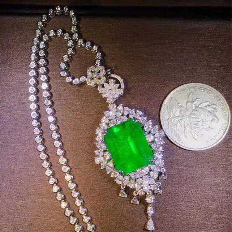 18k Gold South Africa Real Diamond Colombia 13.8ct Natural Vivid Green Octagonal Emerald Pendant Necklace for Women - The Sparkling Squirrels & Co.