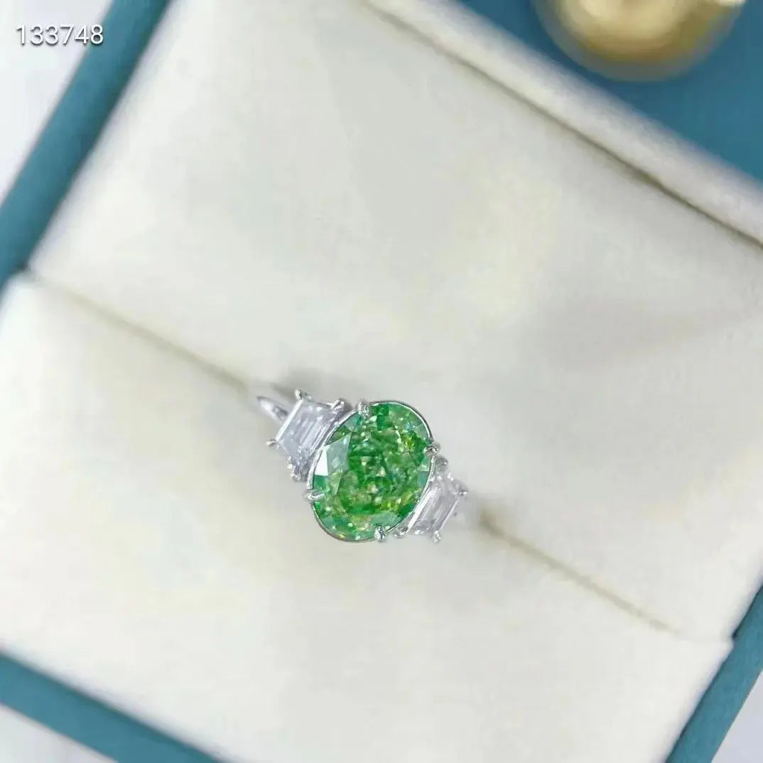 SGARIT Three Diamond Ring Fine Jewelry 18K White Gold VVS 3.11CT Oval Cut Natural Fancy Green Diamond Women Ring Maison Valderre