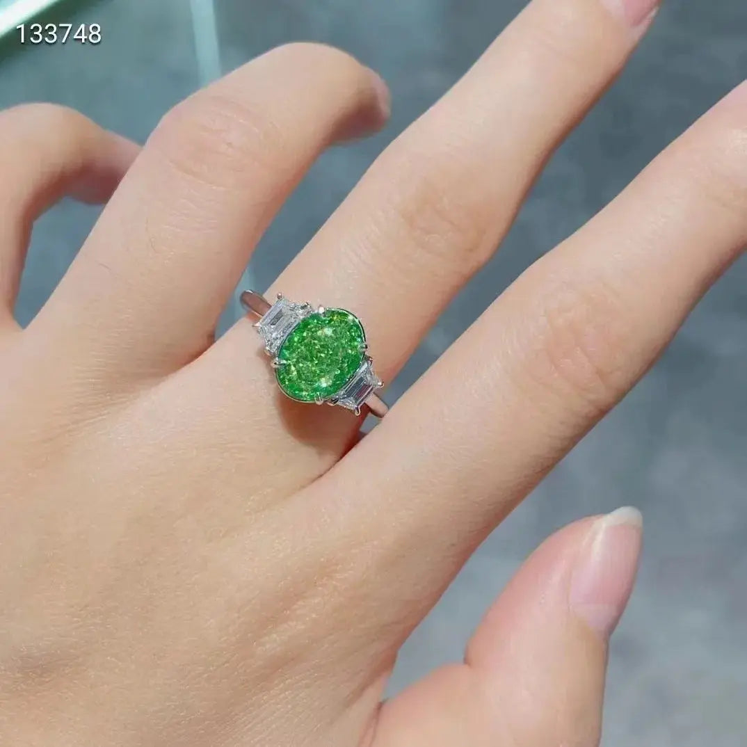 SGARIT Three Diamond Ring Fine Jewelry 18K White Gold VVS 3.11CT Oval Cut Natural Fancy Green Diamond Women Ring Maison Valderre