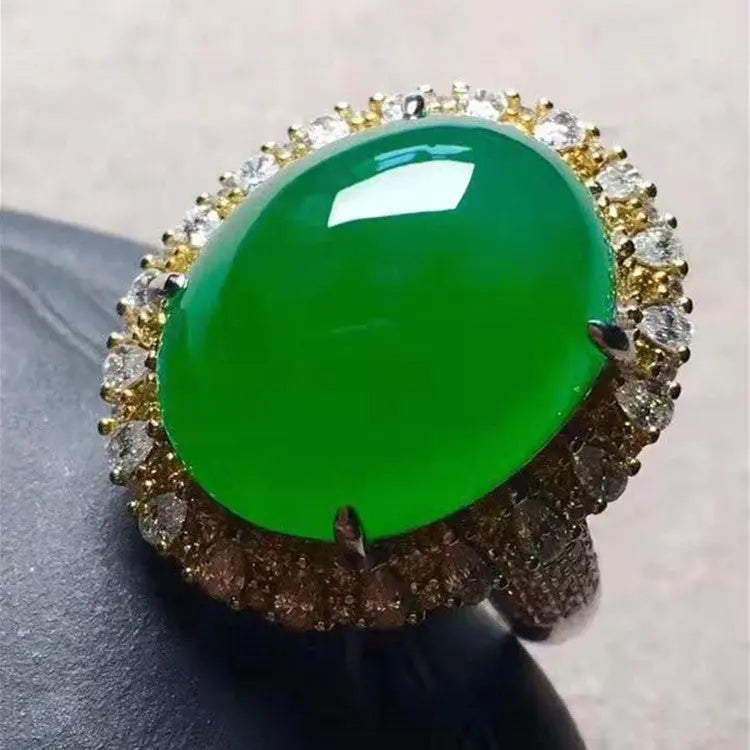 Luxury Big Jade Gemstone Jewelry Ring With Diamond 18k Gold 16.9x13.5x9mm Natural Green Jadeite Ring Maison Valderre