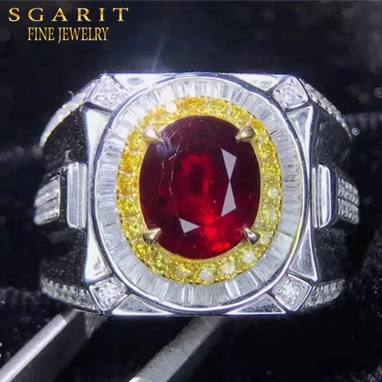 SGARIT Grand Luxury Jewelry Men High Quality Gemstone AU750 18k Gold Pigeon Blood 3.22ct Natural Unheated Ruby Men's Ring Maison Valderre