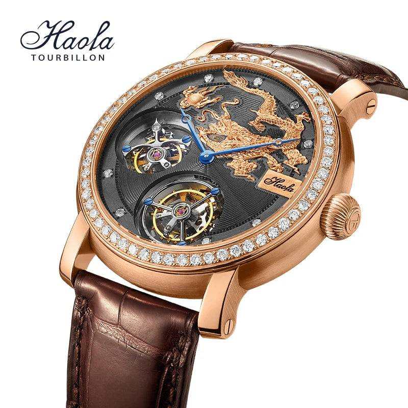 HAOFA Luxury 18K Gold Double Tourbillon Movement Skeleton Mens Watch Manual Mechanical Diamond Rose Watch For Men Sapphire K002 - The Sparkling Squirrels & Co.