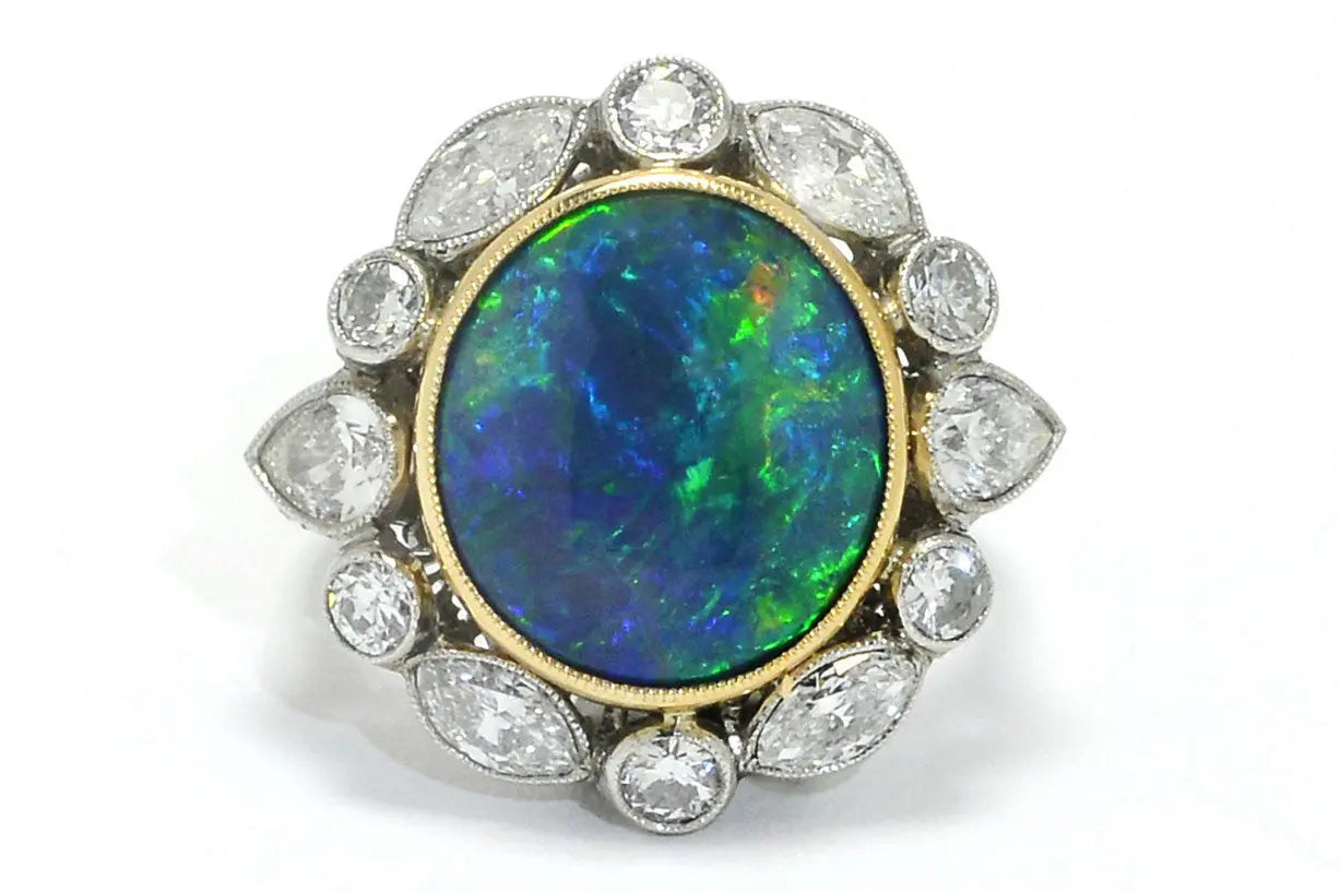 SGARIT Jewelry 18k Gold 4.5ct Black Opal Diamond Cocktail Ring Lightning Ridge Vintage Estate Halo Design Milgrain Jewellery Maison Valderre