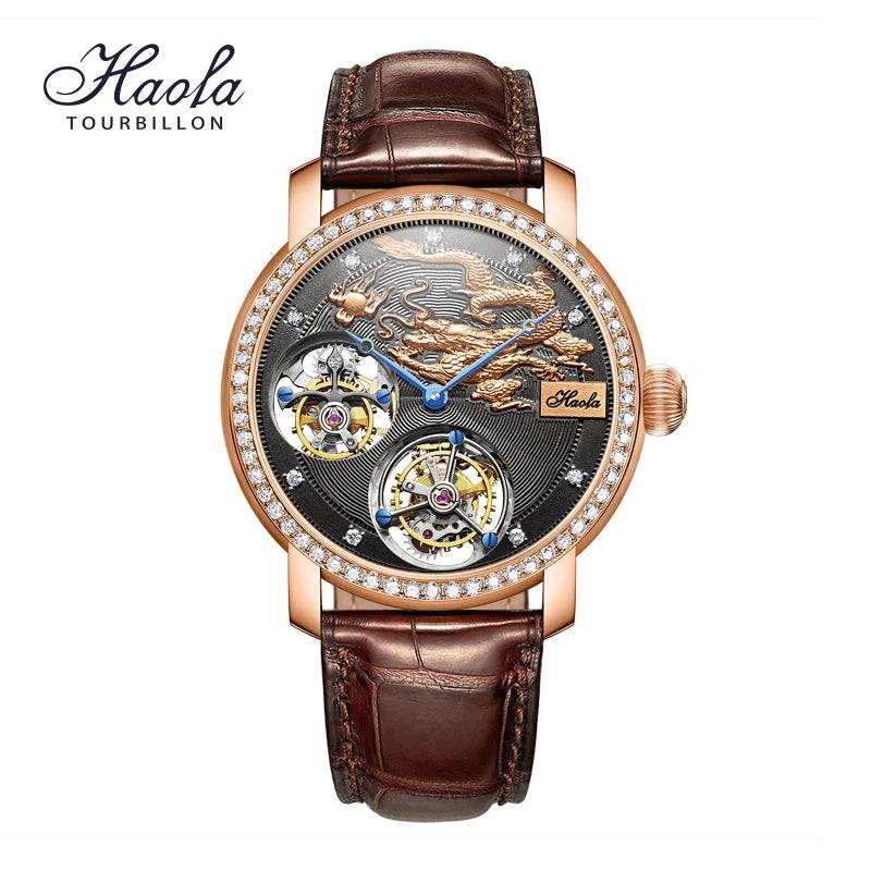 HAOFA Luxury 18K Gold Double Tourbillon Movement Skeleton Mens Watch Manual Mechanical Diamond Rose Watch For Men Sapphire K002 - The Sparkling Squirrels & Co.