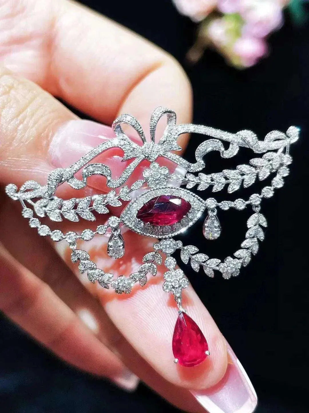 natural ruby brooch * pendant double use 18K white gold with diamond bowknot palace vintage unburnt ruby pigeon blood luxury - The Sparkling Squirrels & Co.