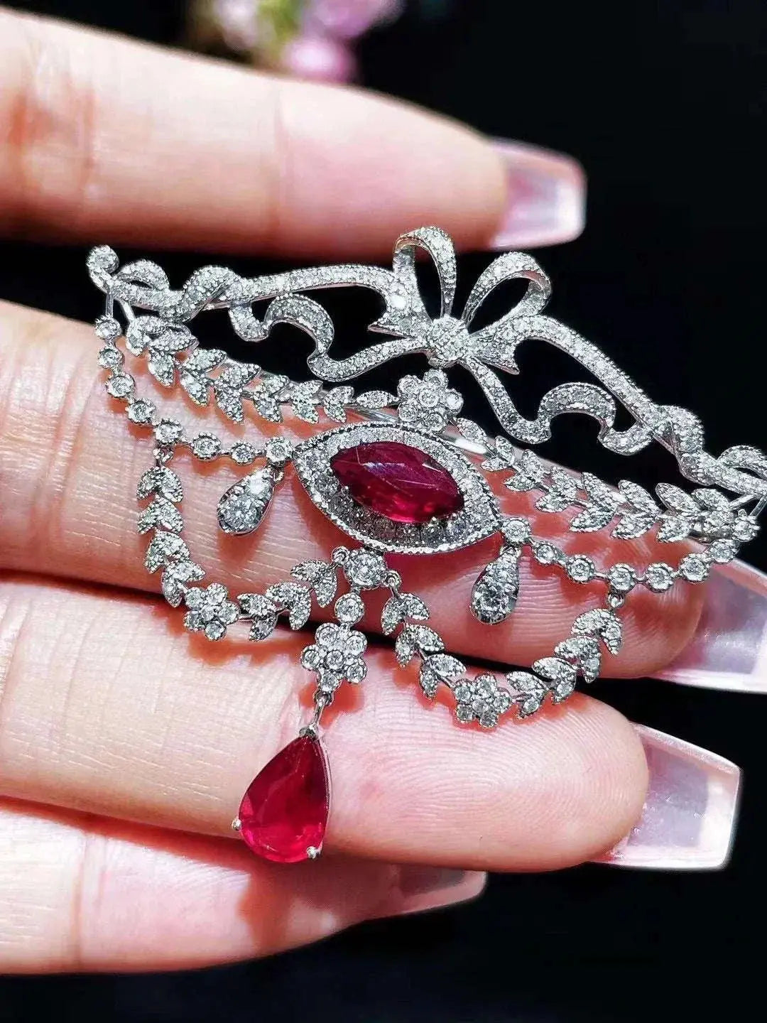 natural ruby brooch * pendant double use 18K white gold with diamond bowknot palace vintage unburnt ruby pigeon blood luxury - The Sparkling Squirrels & Co.