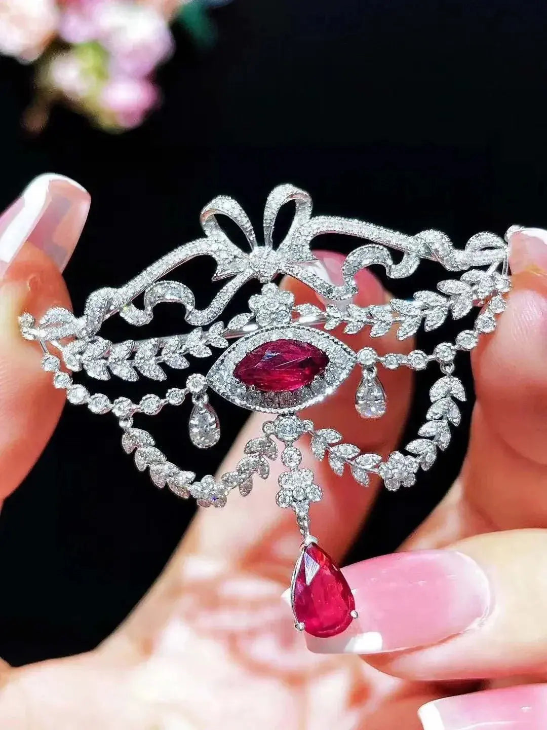 natural ruby brooch * pendant double use 18K white gold with diamond bowknot palace vintage unburnt ruby pigeon blood luxury - The Sparkling Squirrels & Co.