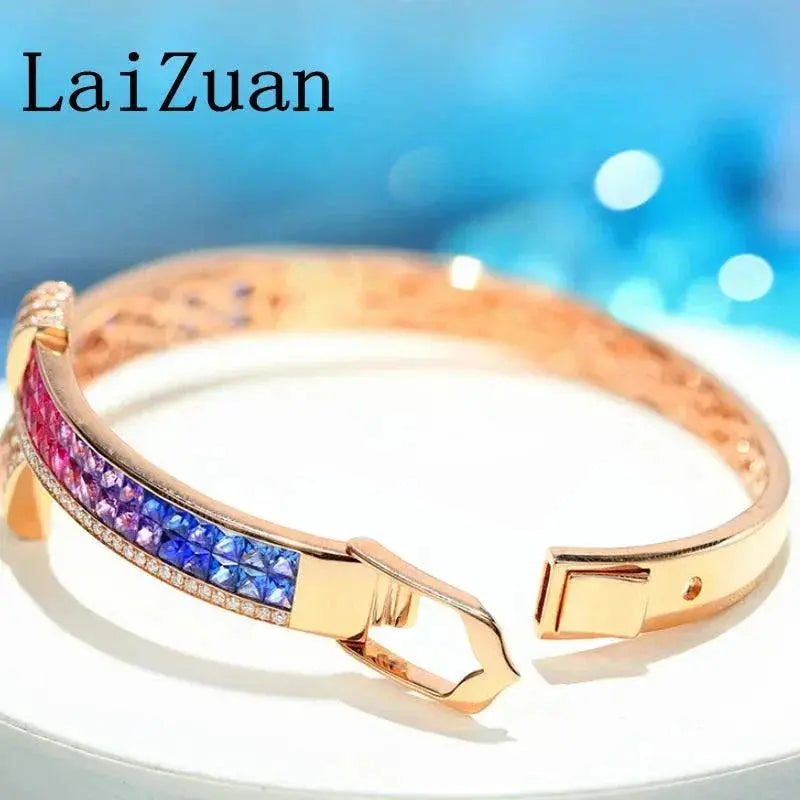 LaiZuan Solid 18K Yellow Gold Unique Rainbow Natural Diamond Bracelet Colorful Gemstones Jewelry Wedding Bride Anniversary Gifts - The Sparkling Squirrels & Co.