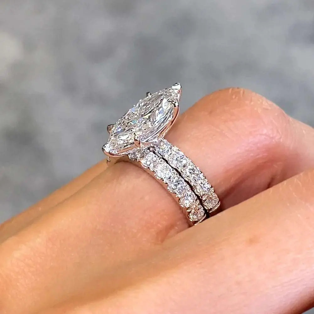 4.26Ctw Marquise Cut Diamond Celebrity Engagement Ring Bridal Set in 14K White Gold - The Sparkling Squirrels & Co.